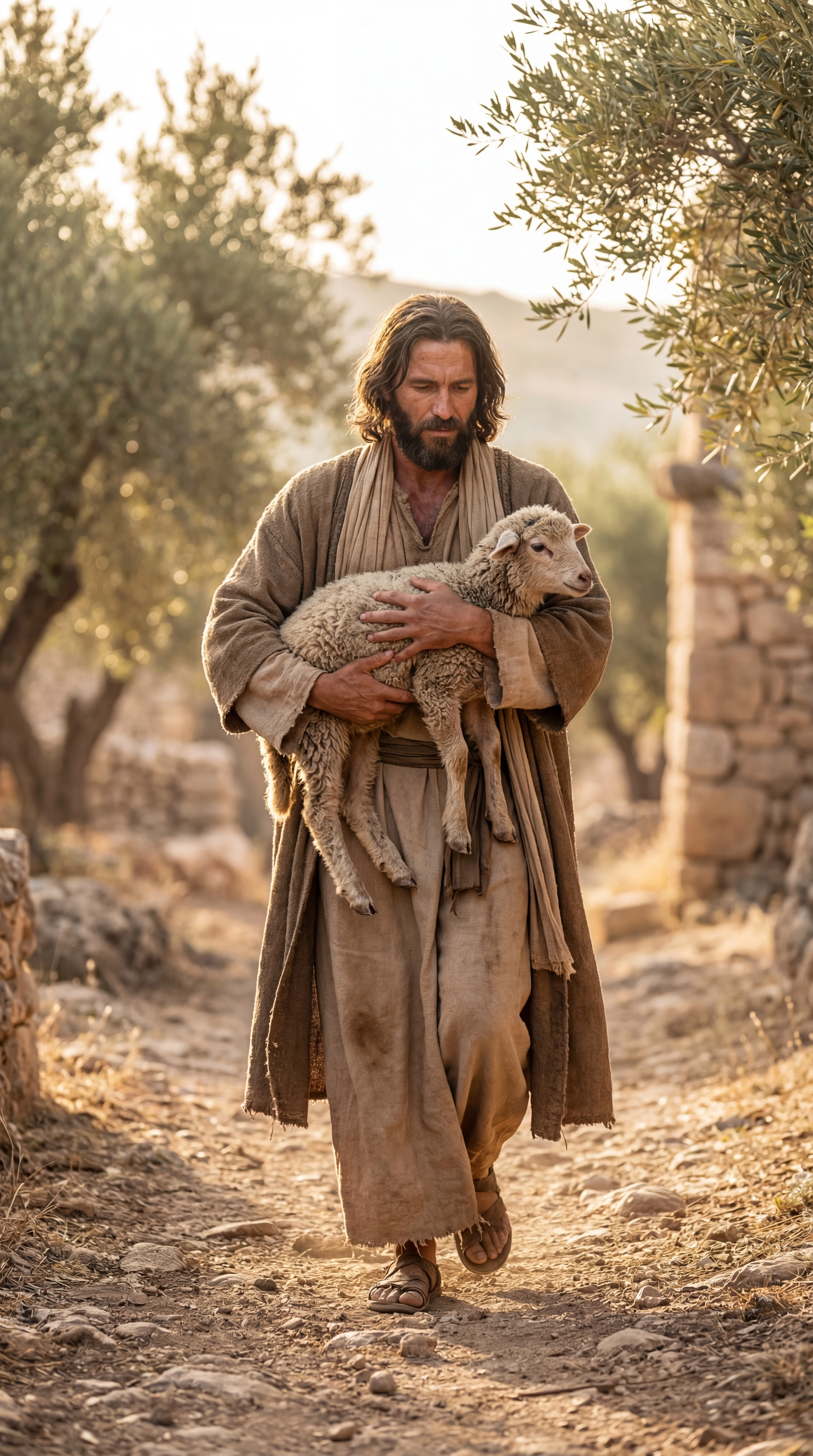 Jesús cargando un cordero rescatado bajo una luz cinematográfica dramática