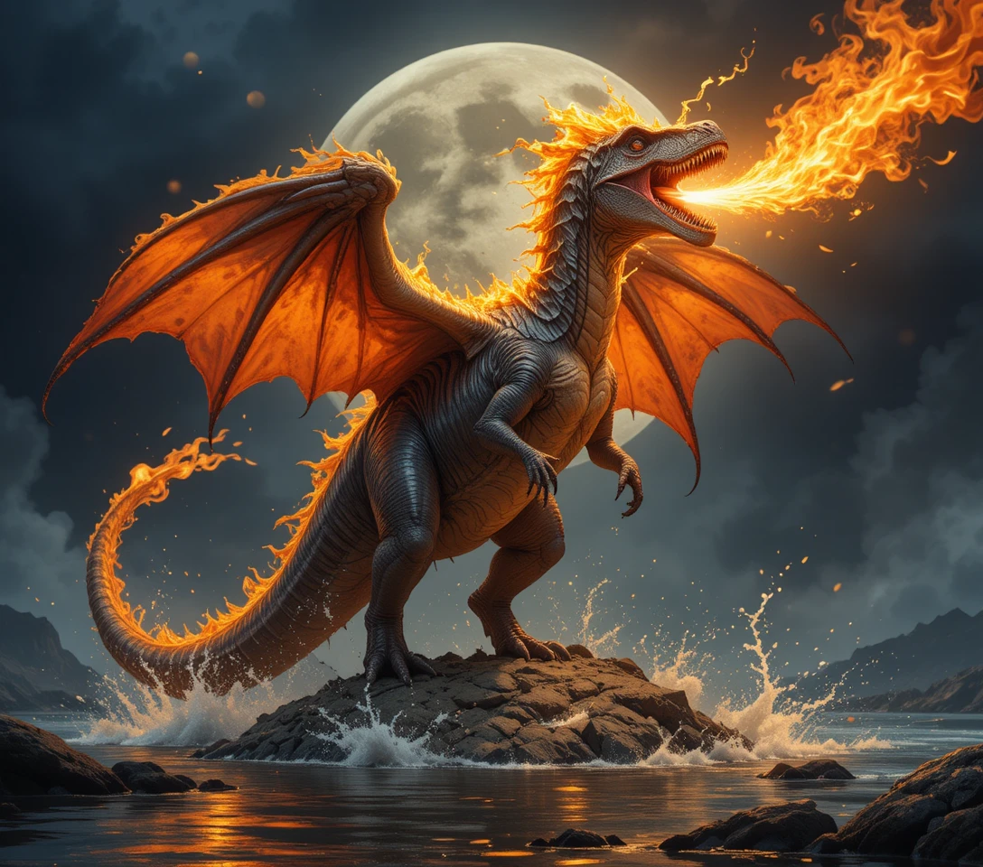 Dragón alado en llamas escupiendo agua bajo la luna