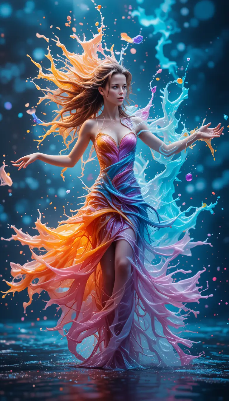 Abstract woman with liquid forms and water bokeh motion
