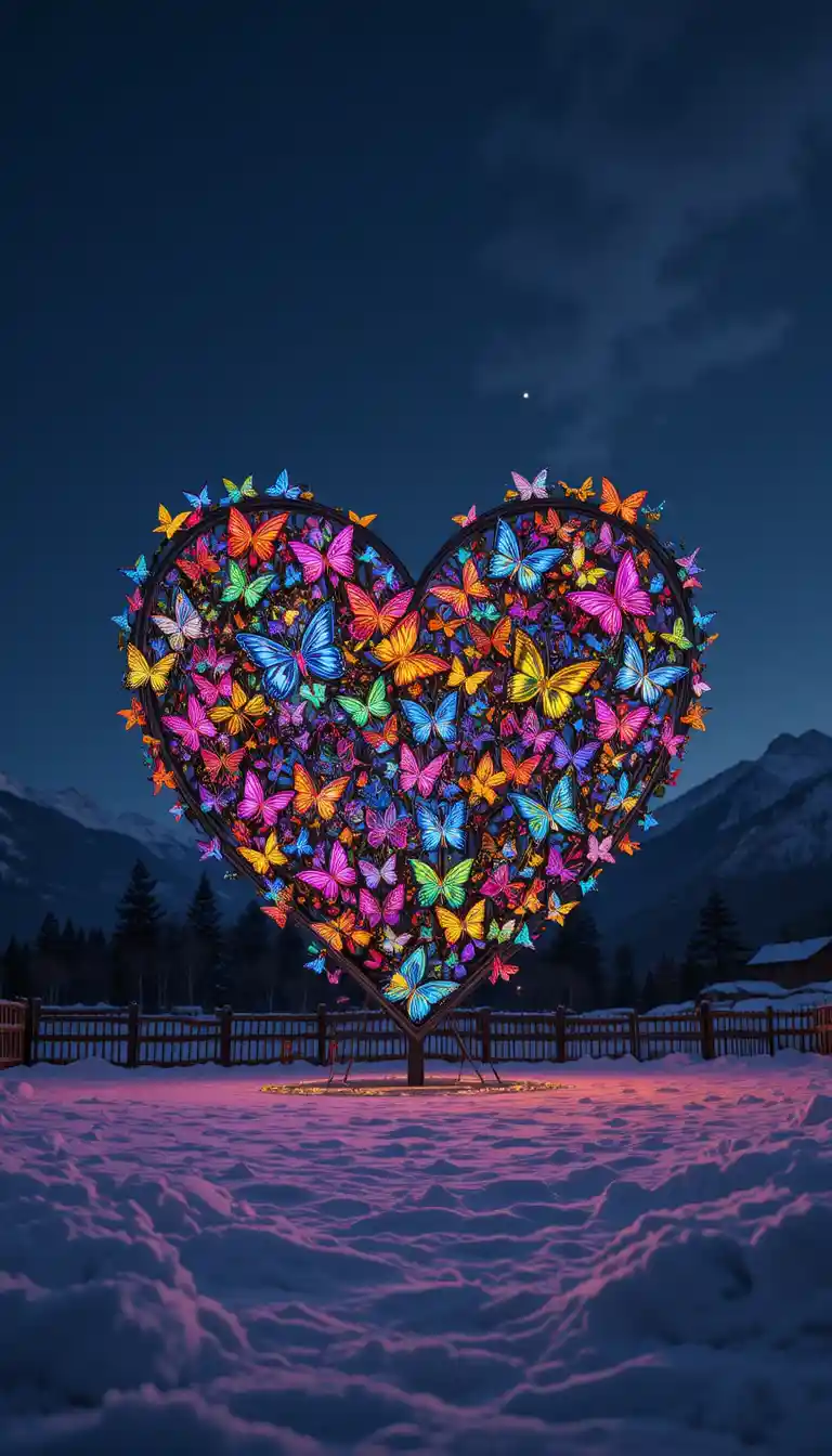 Glowing heart sculpture with colorful butterflies in winter