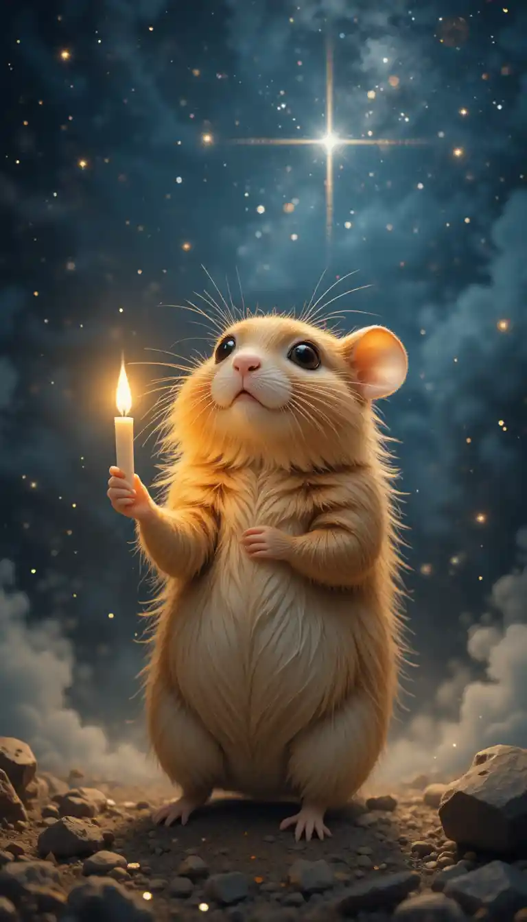 かすんだ星空の下でろうそくを持つゴールデンハムスター
