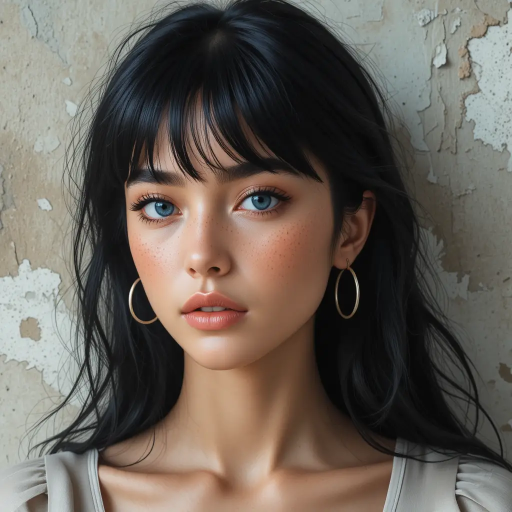 Young woman portrait with blue eyes and black hair