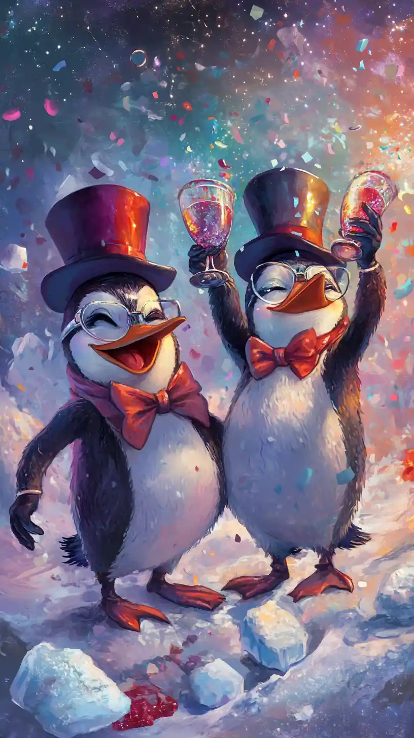 Dressed up penguins toasting on an antarctic ice floe