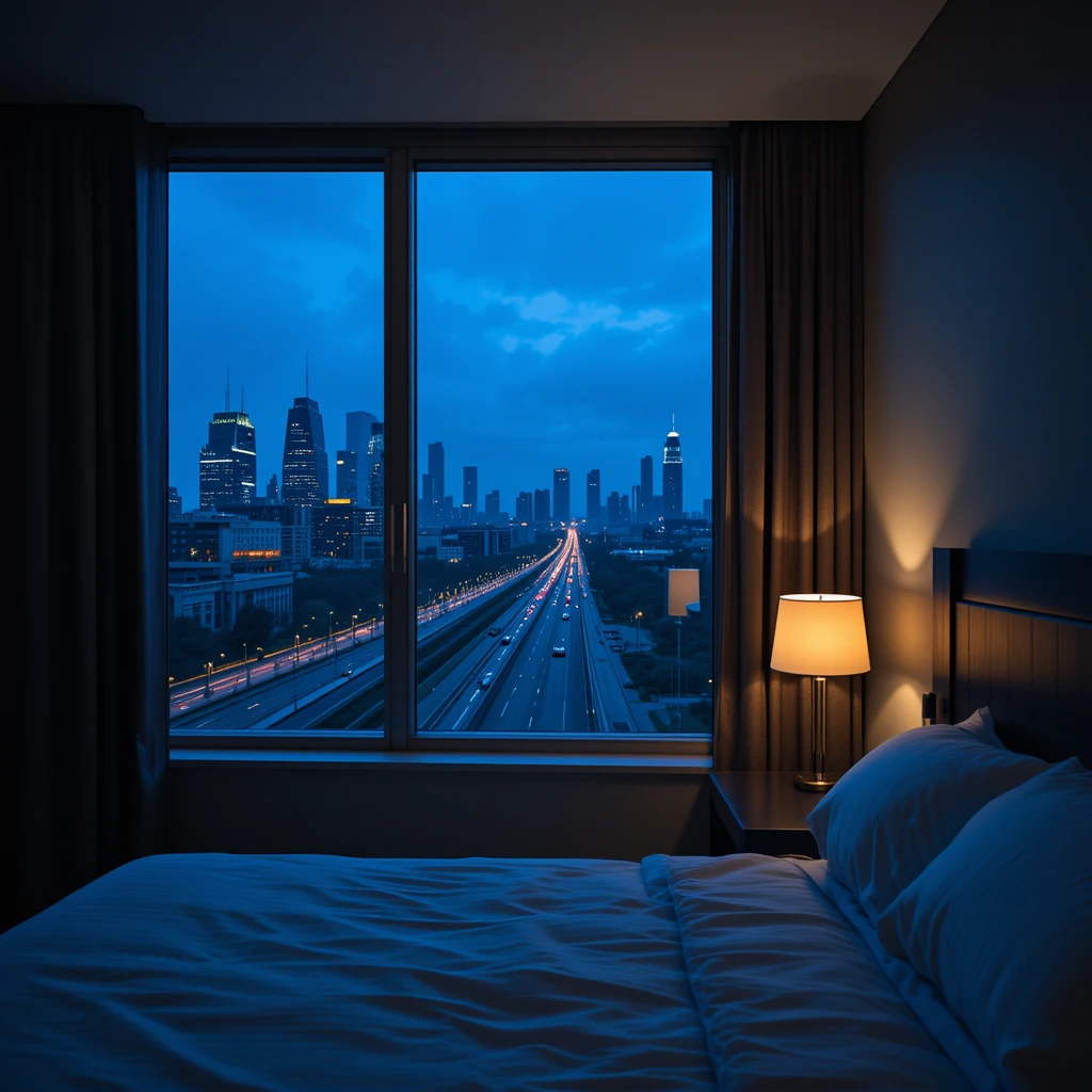 Dunkles Hotelzimmer mit Bett und einzeln leuchtender Nachttischlampe