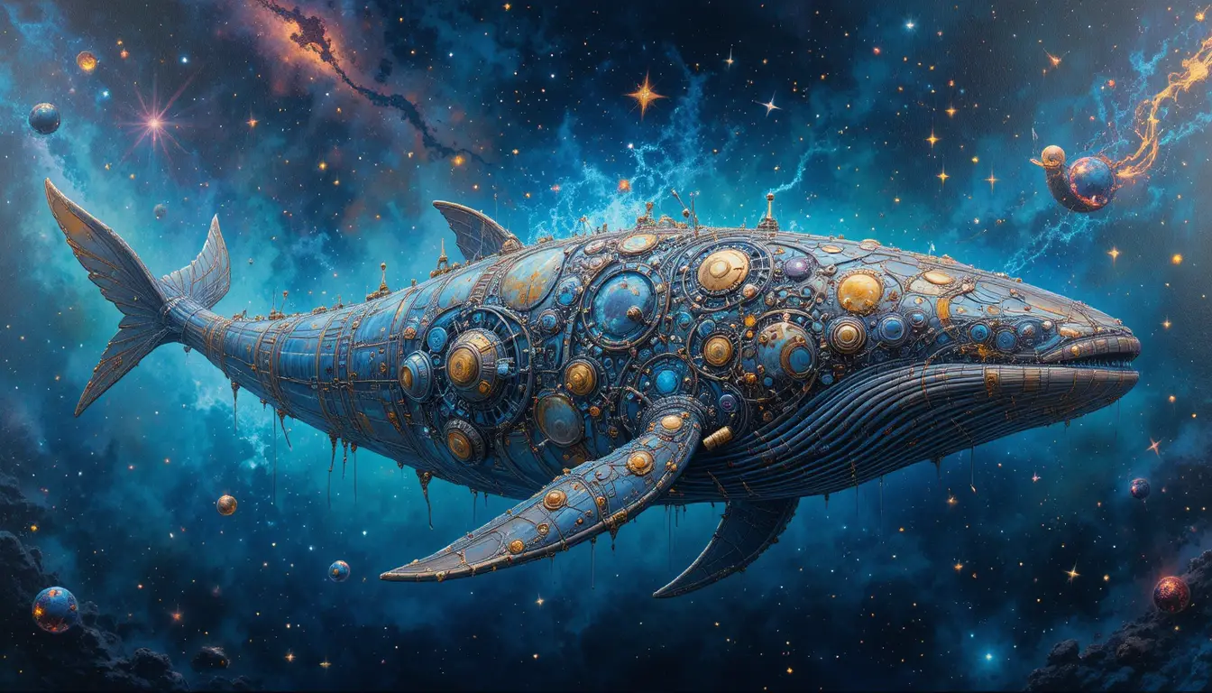 Biomechanical whale swimming through a glowing cosmic ocean