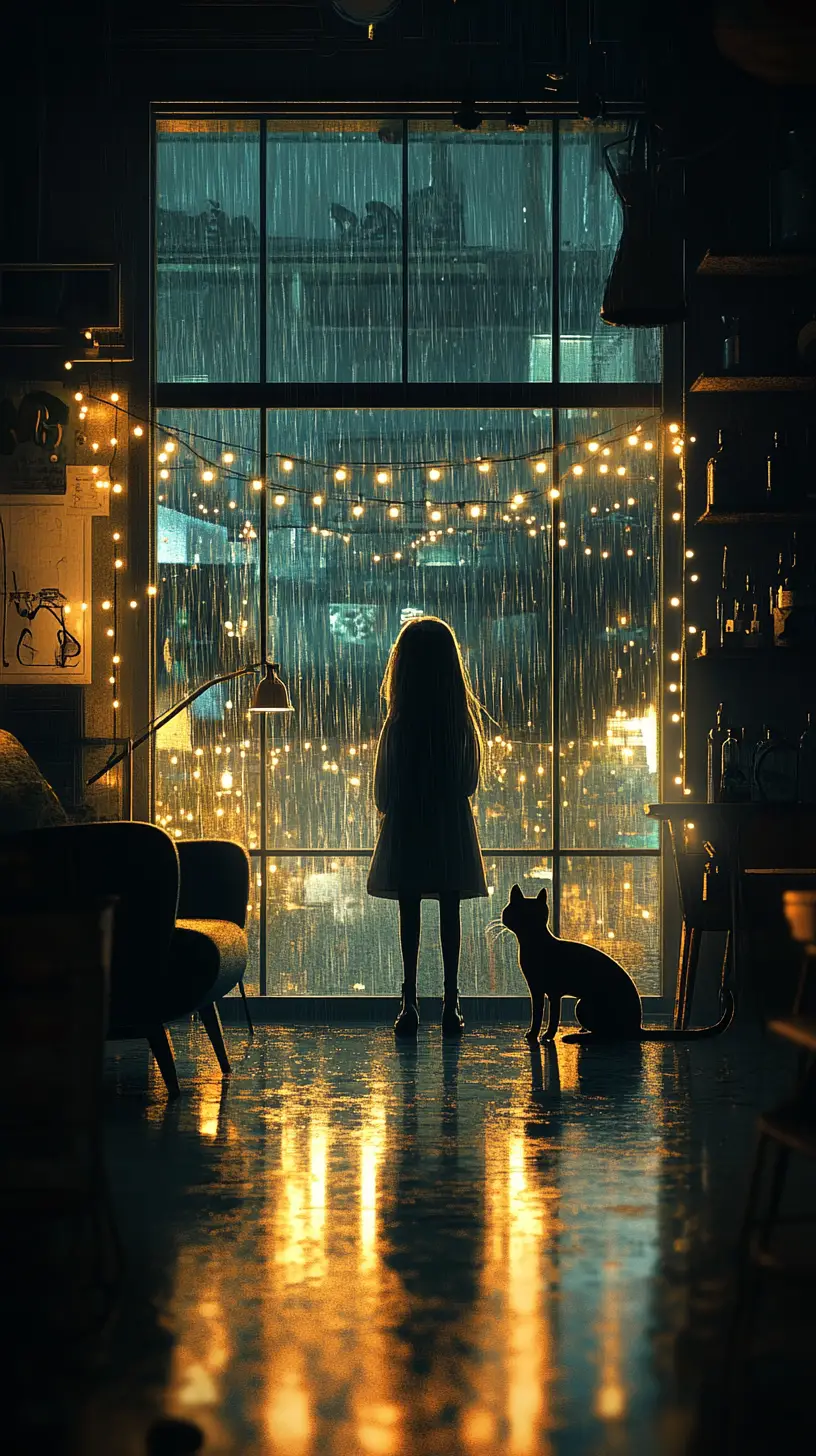 Girl And Cat Watching Rain By A Window At Night