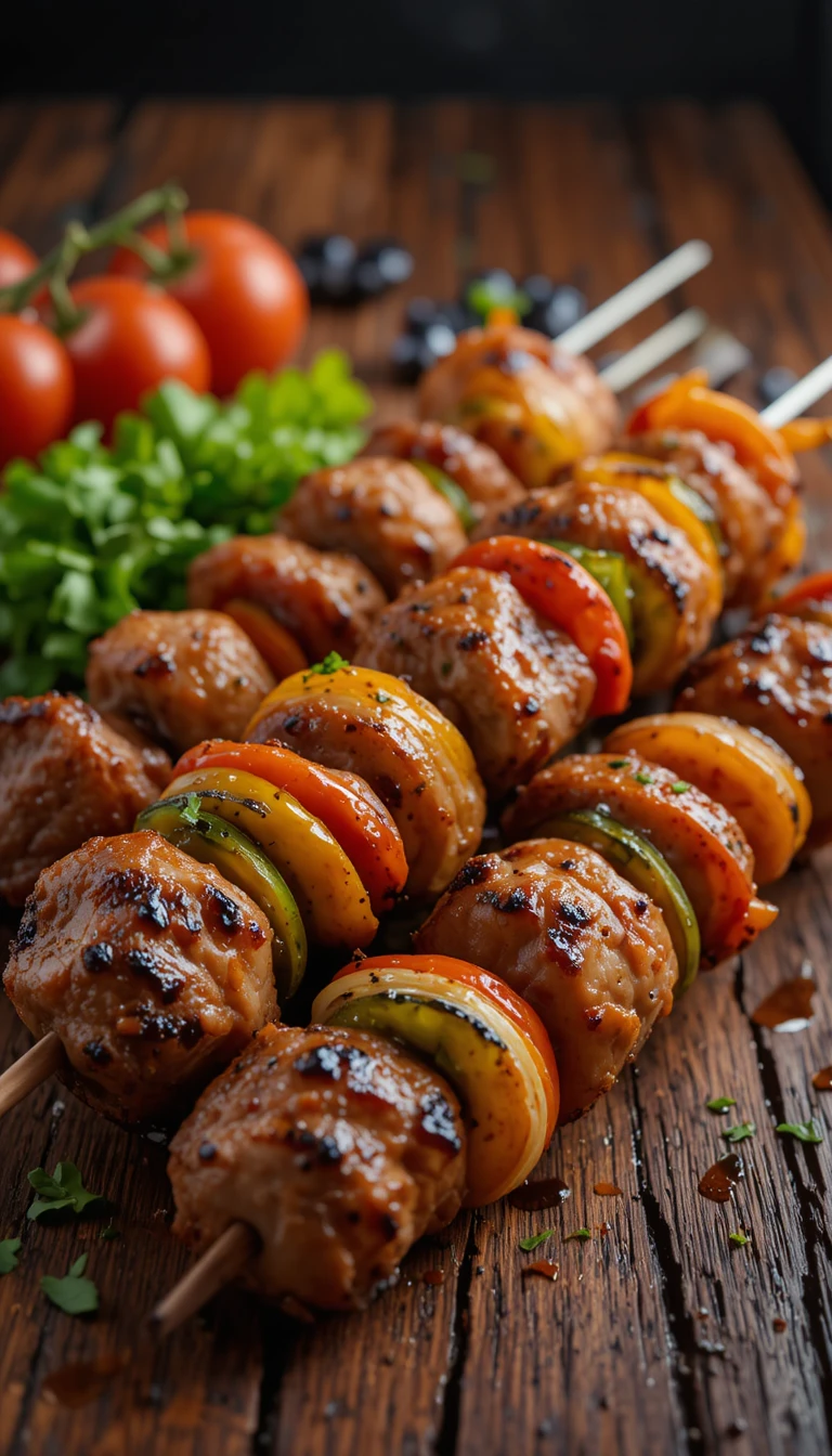 Gegrillte Fleischspieße mit buntem Gemüse auf Holz