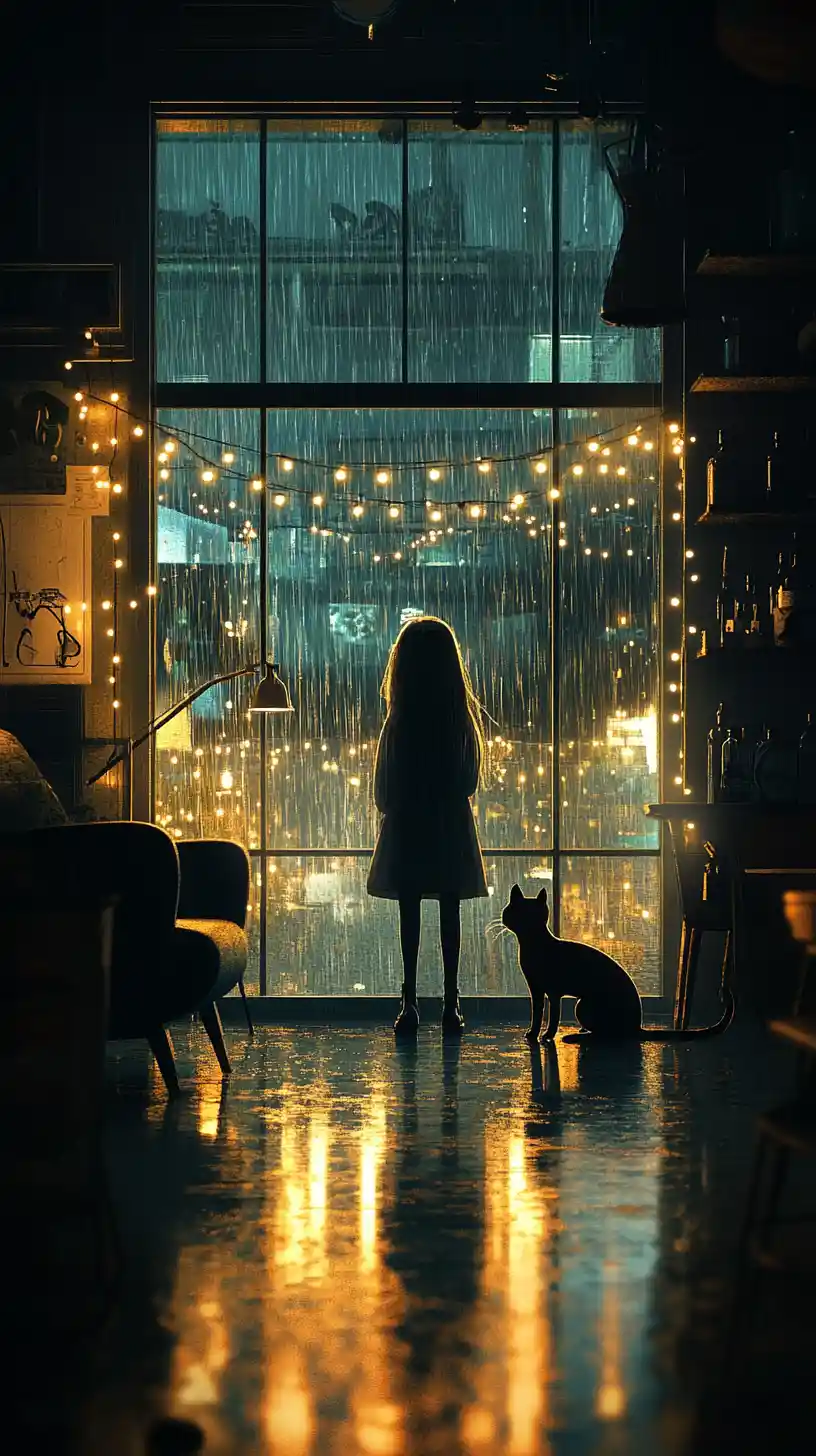 Girl And Cat Watching Rain By A Window At Night