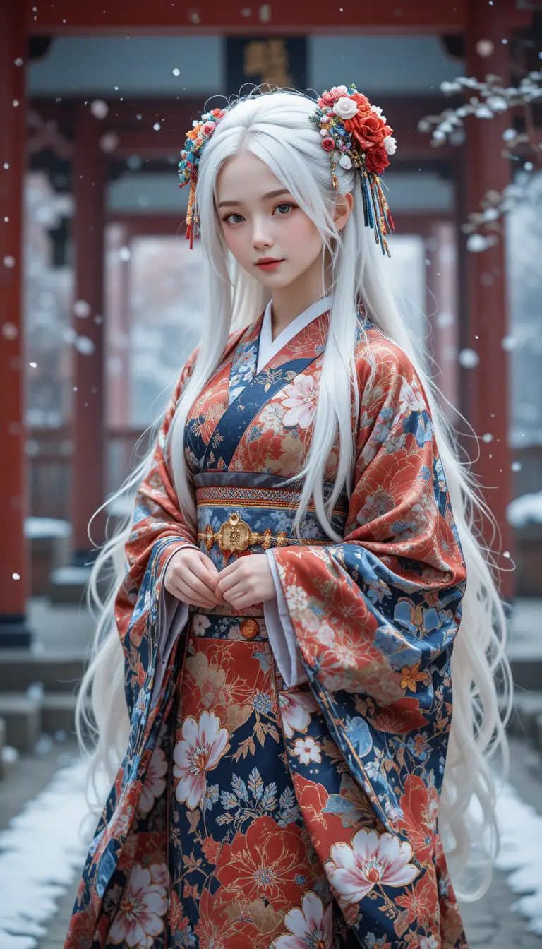 Elegant kimono clad woman at a serene winter shrine