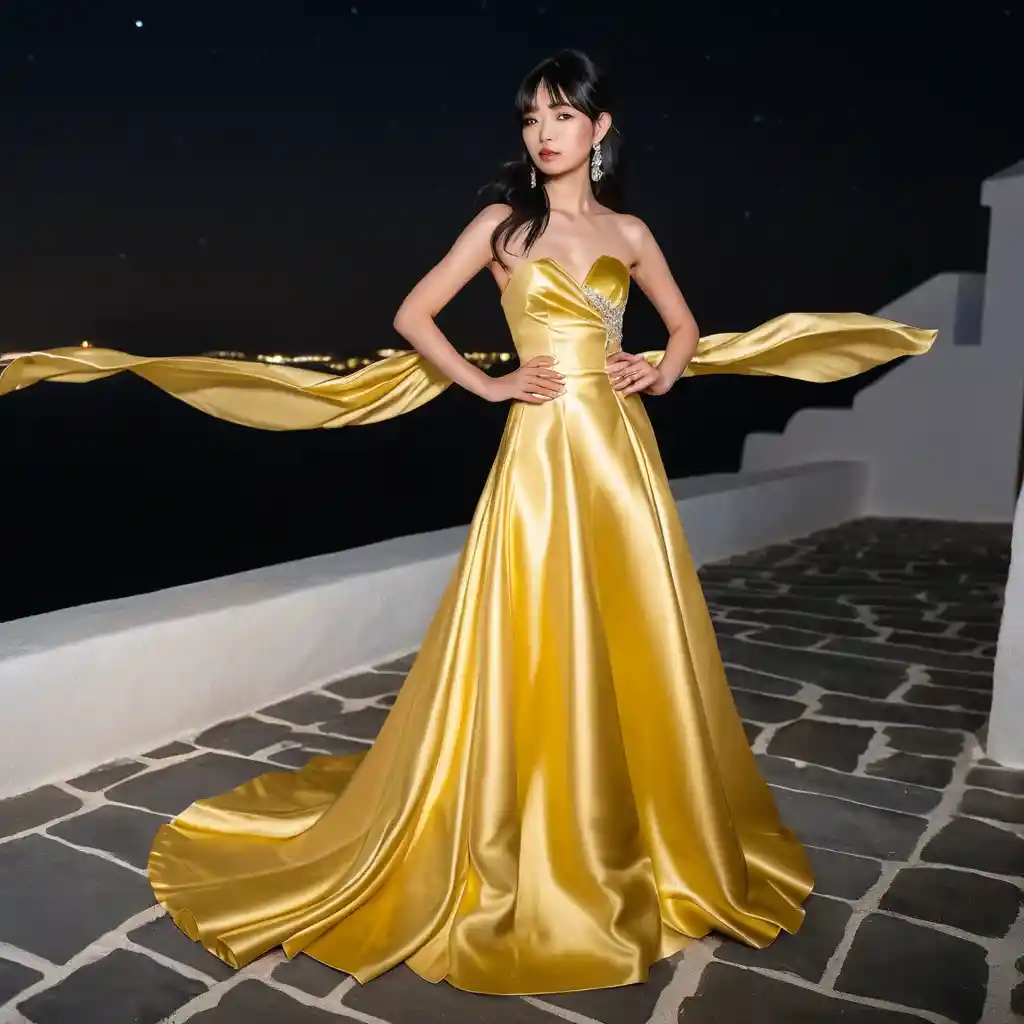 Elegant Japanese woman in gold satin gown at night