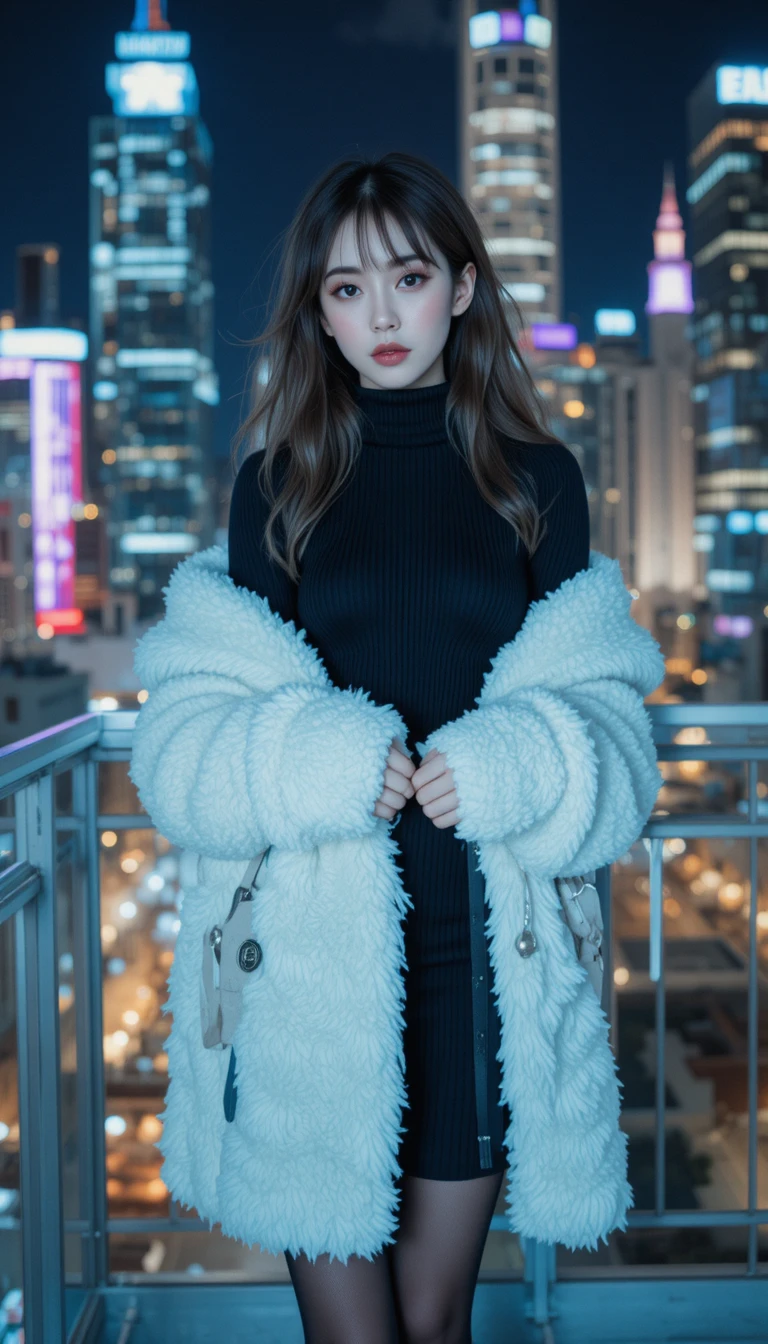 身穿黑色洋裝與白色大衣的女子站在城市陽台上