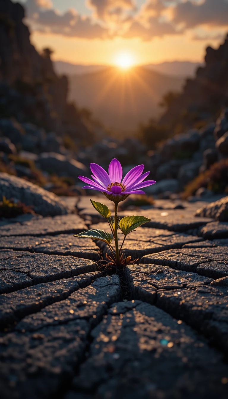 Fiore viola che cresce da una pietra crepata all'alba
