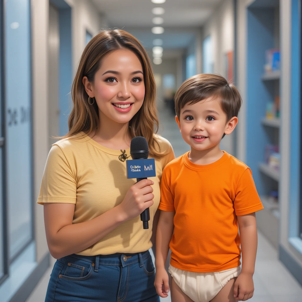 Smiling female host interviewing a cheerful toddler boy on set