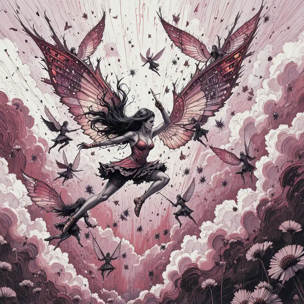 Mujeres guerreras aladas luchando en un cielo abstracto y turbulento