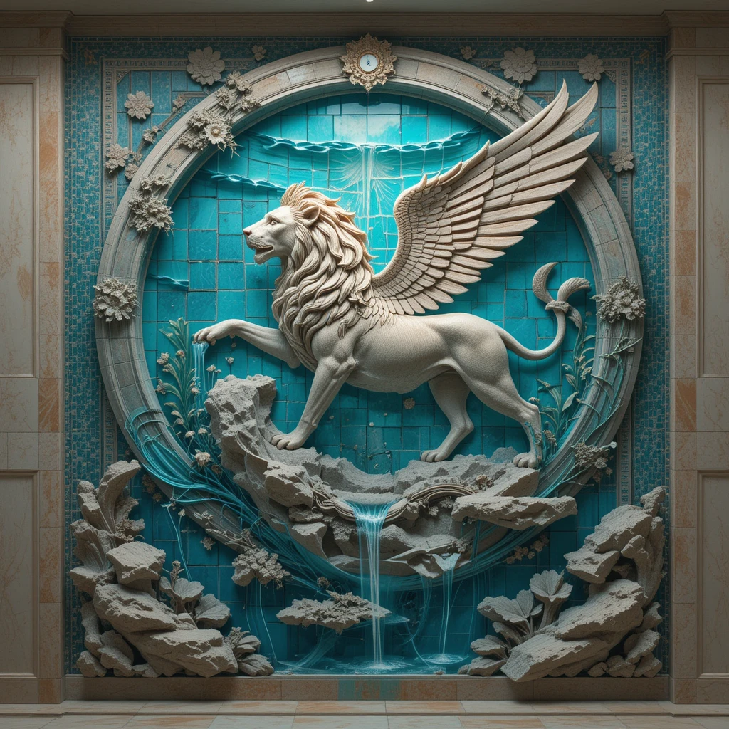 Winged Lion Wall Fountain With Greek Inspired Mural