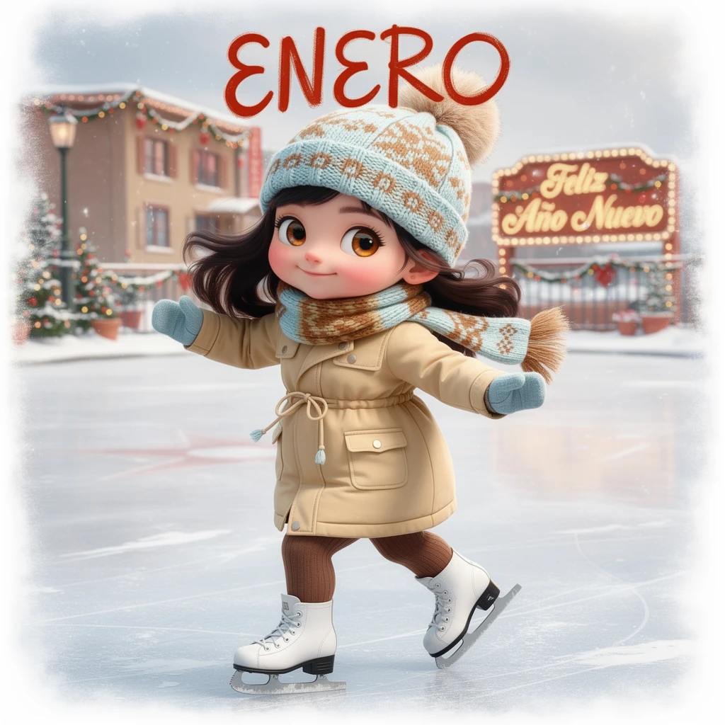 Young girl skating on an ice rink new year calendar