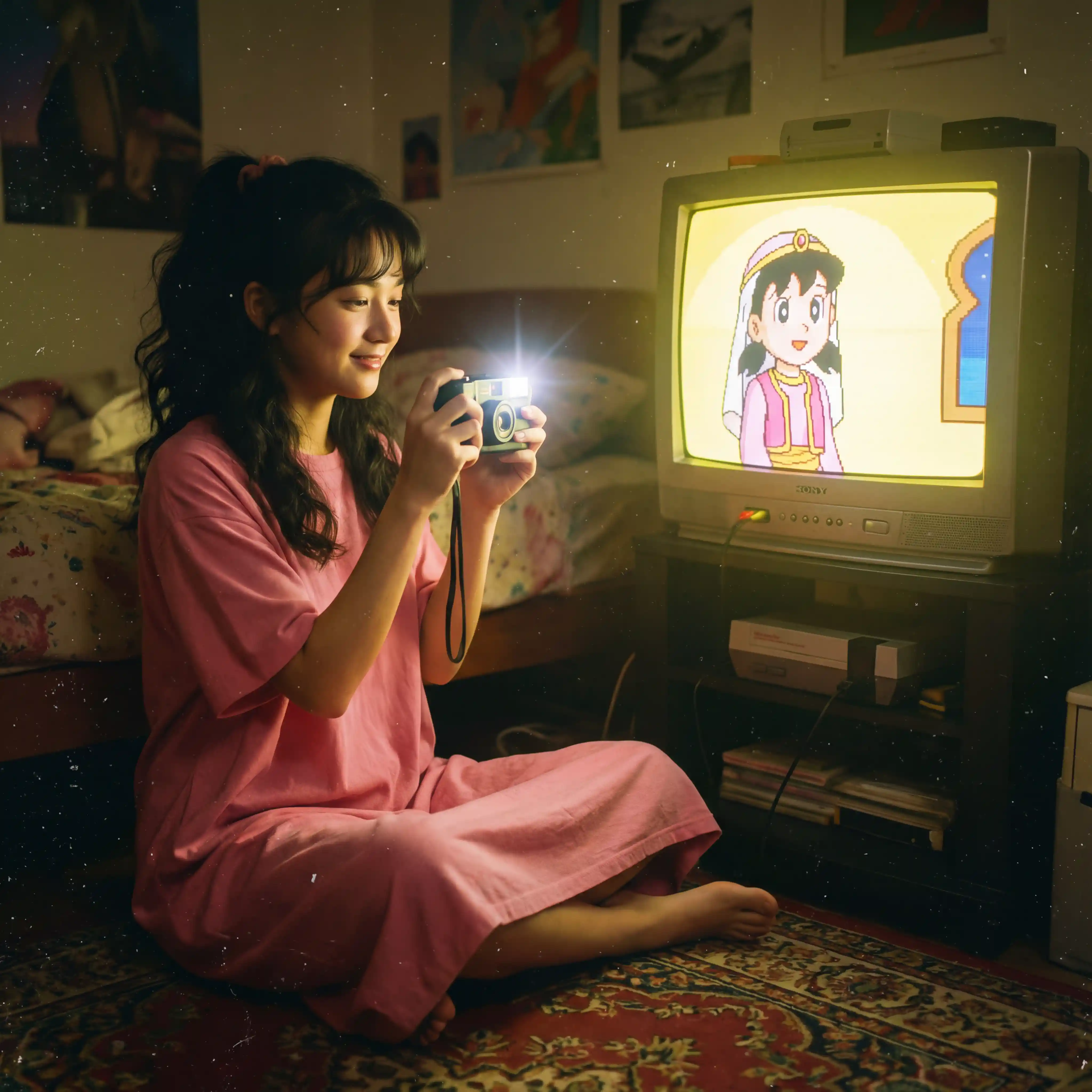 Anime girl taking a photo of glowing retro tv screen