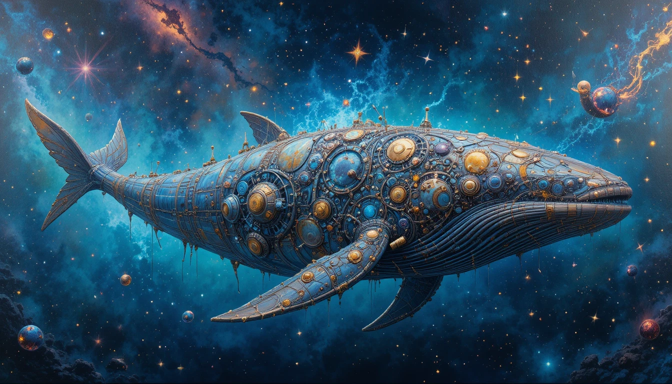 Biomechanical whale swimming through a glowing cosmic ocean
