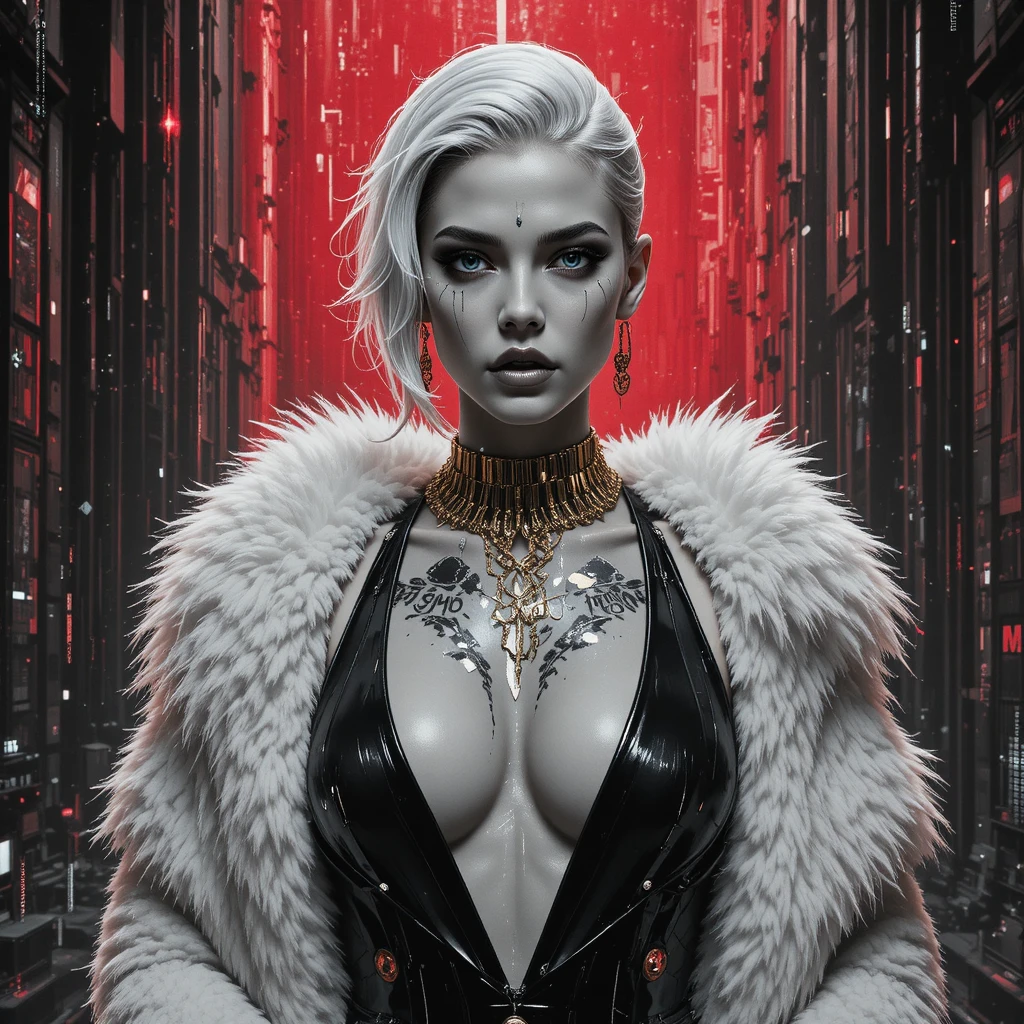 Futuristic heroine portrait with glitch textures and digital tattoos