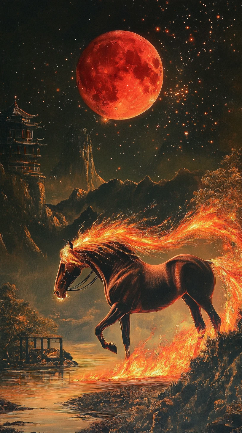 赤い月の下に立つ炎のたてがみの馬の幻想的な風景