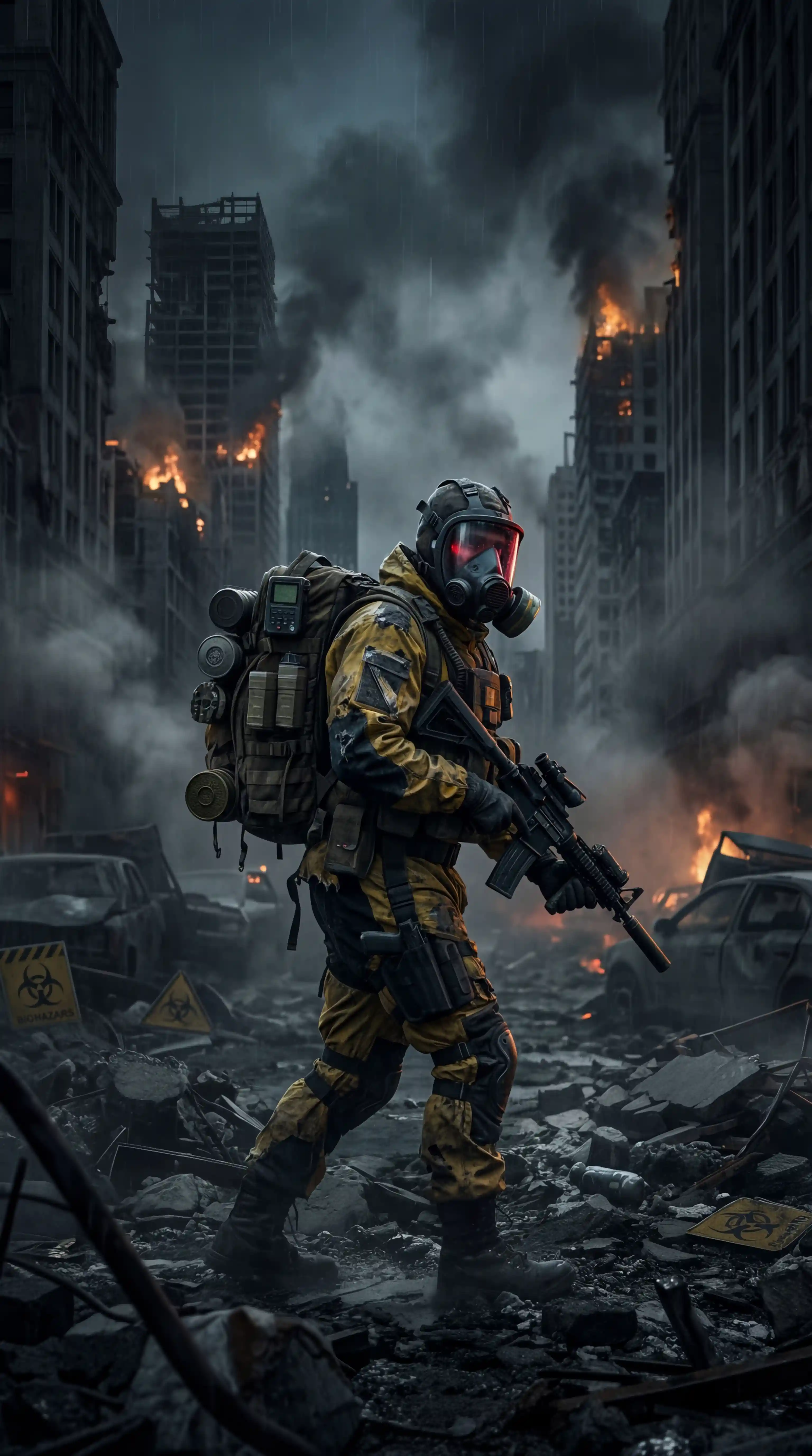 Lone hazmat soldier walking through ruined burning city street
