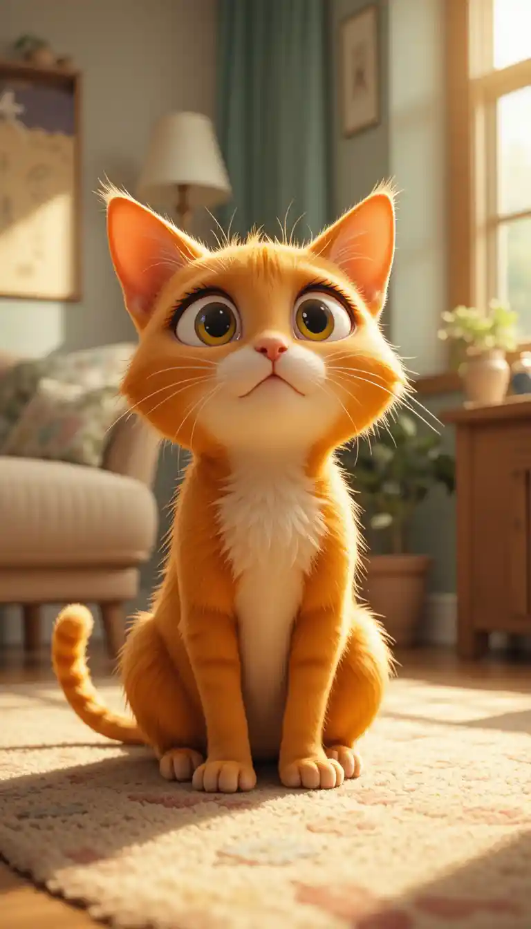 Orange cartoon cat looking up with dramatic disappointment