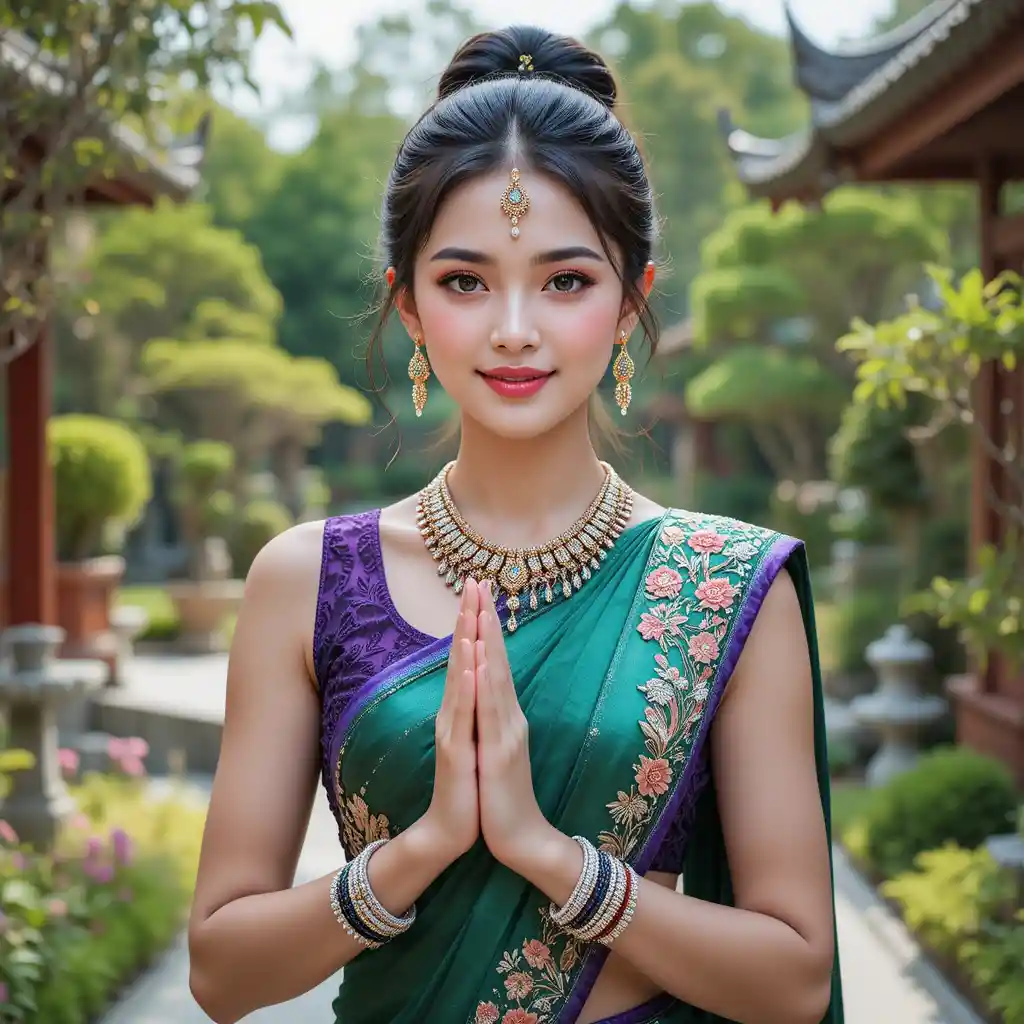 在小禪意花園中問候的微笑年輕女子