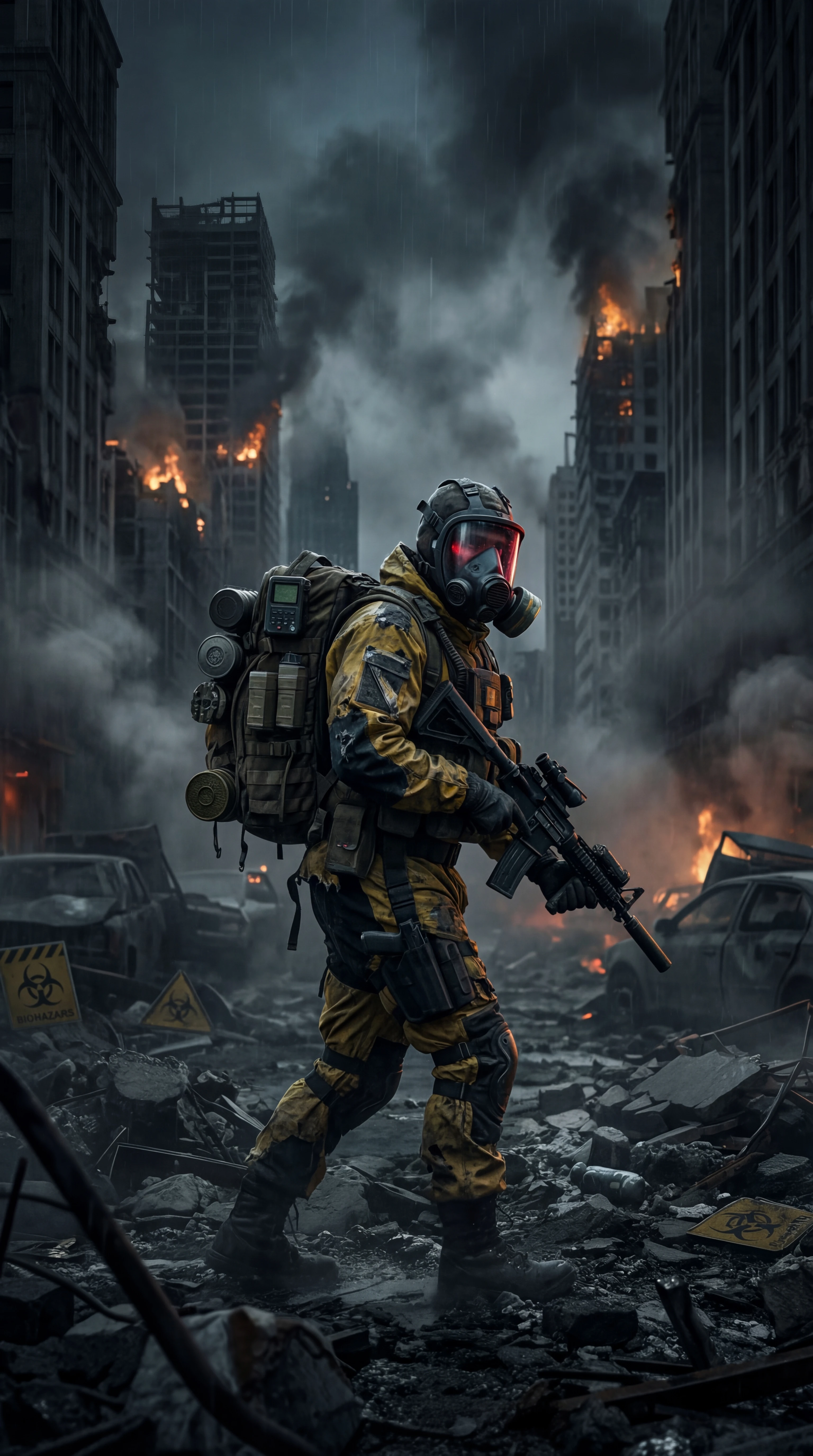 Lone hazmat soldier walking through ruined burning city street