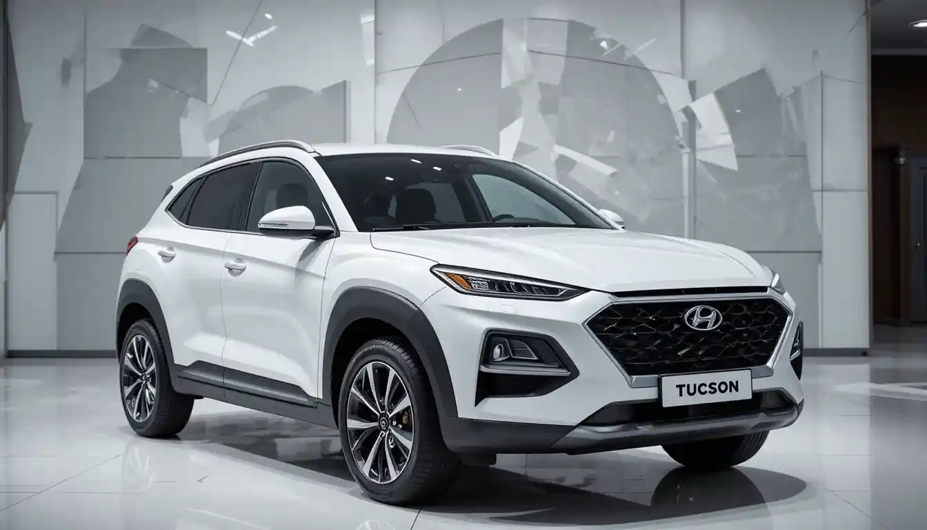 現代感車展廳中的白色 Hyundai Tucson SUV