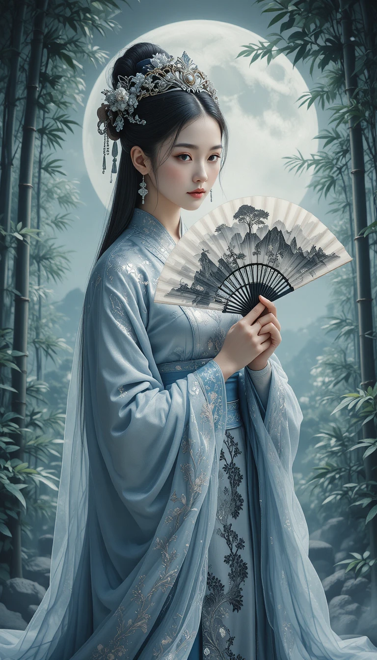 Elegant woman with fan under moonlit bamboo grove
