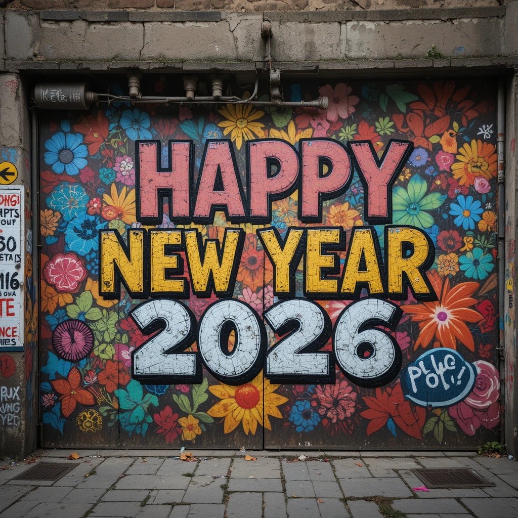 カラフルなポップアート風ストリート文字で描かれたハッピーニューイヤー2026