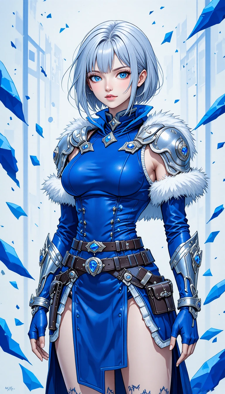 Donzela de batalha azul em armadura com detalhes de pele azul