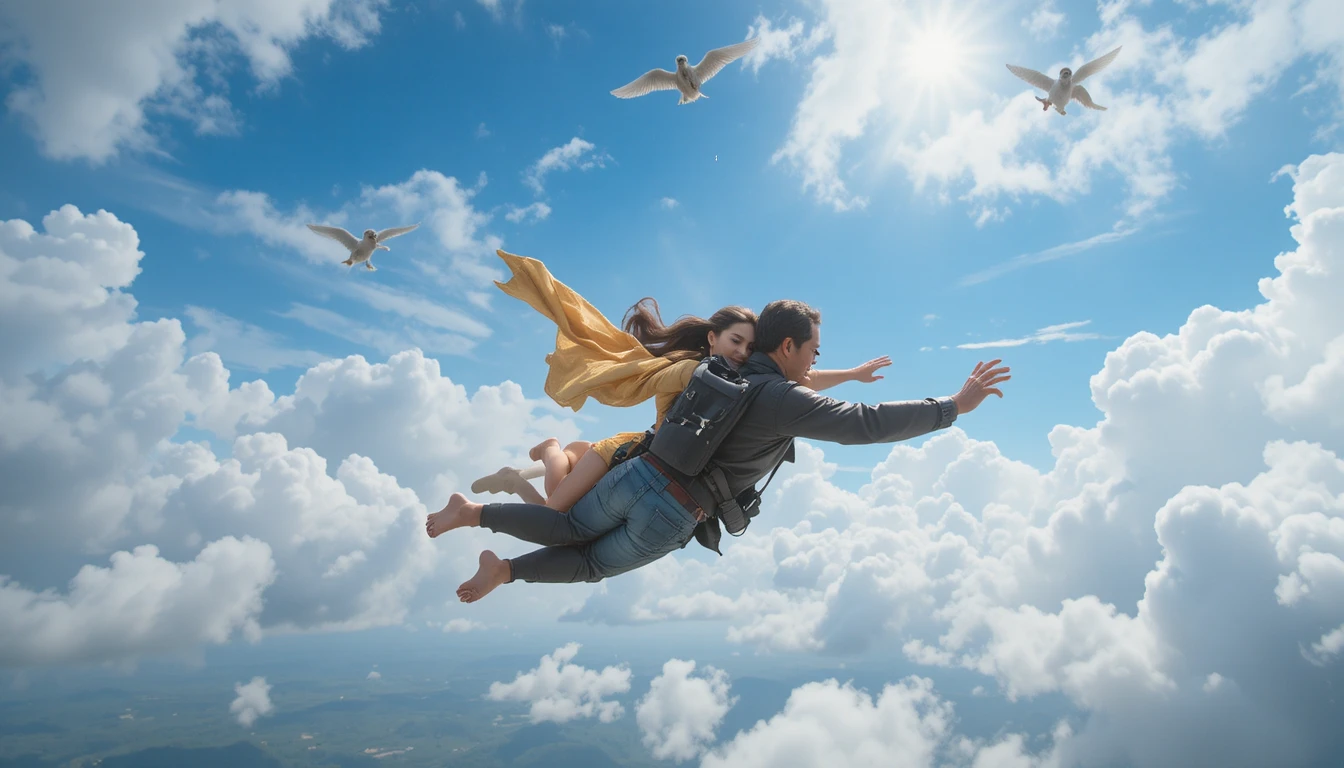 Monkey figure flying in the sky with hugging couple