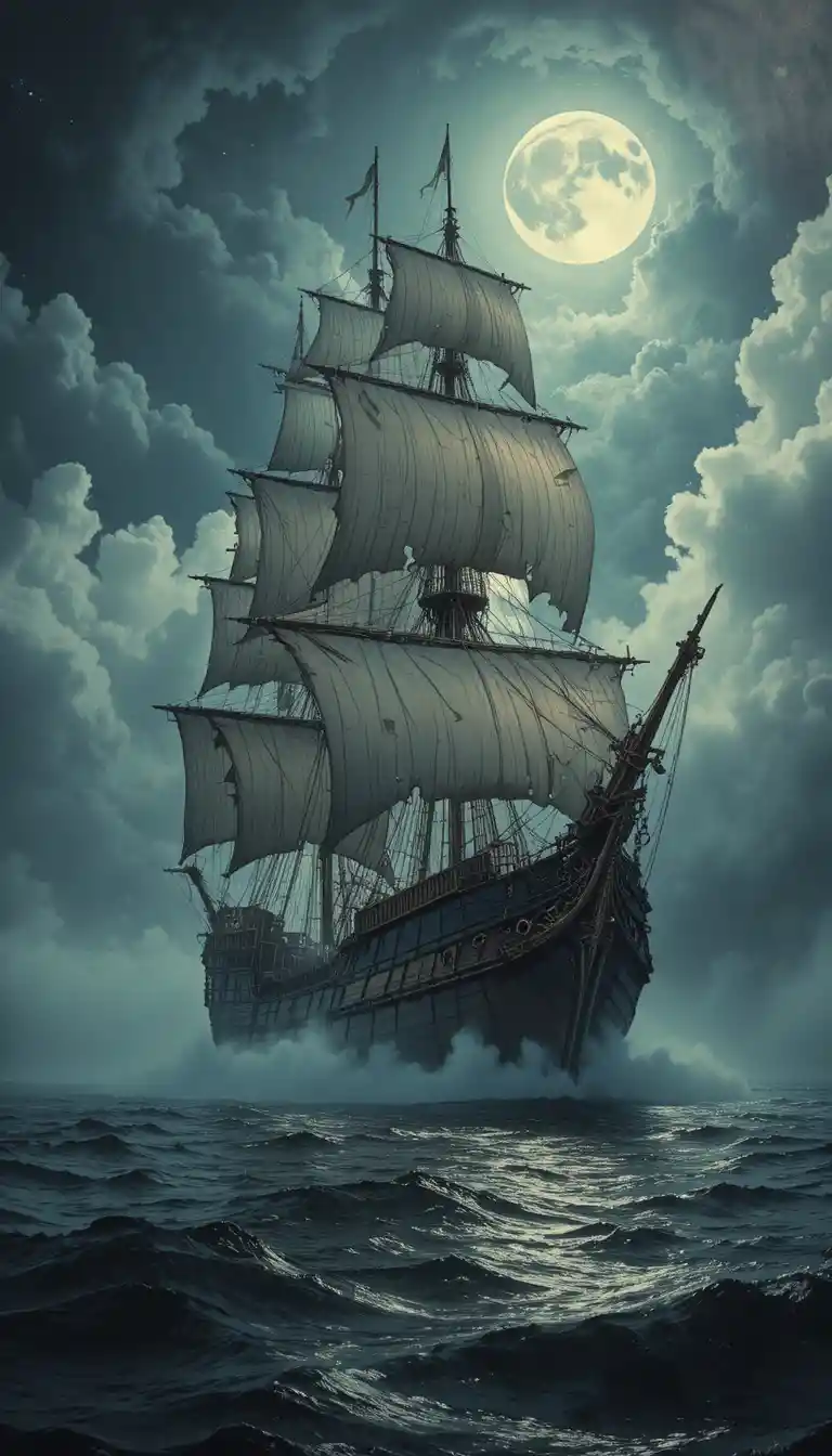 Nave fantasma che solca la nebbia sotto una luna luminosa