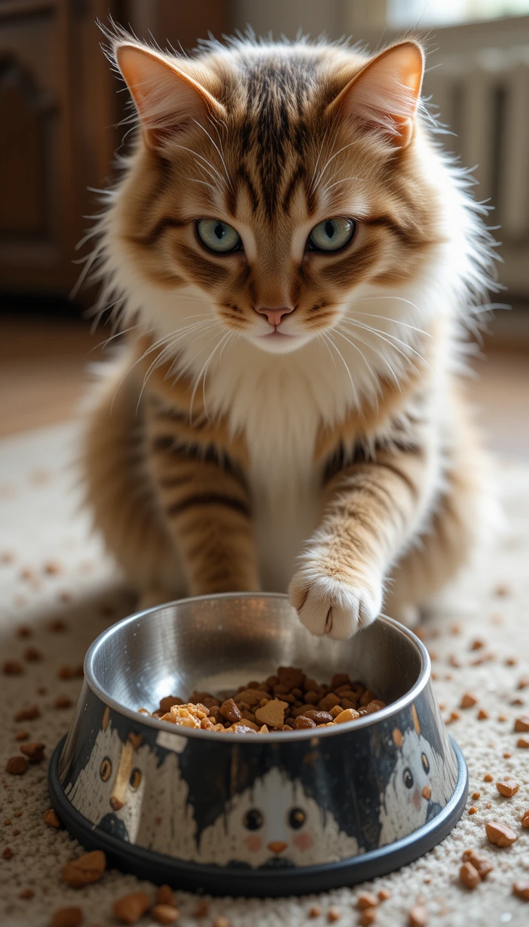 Gatto drammatico che reagisce a una ciotola improvvisamente vuota