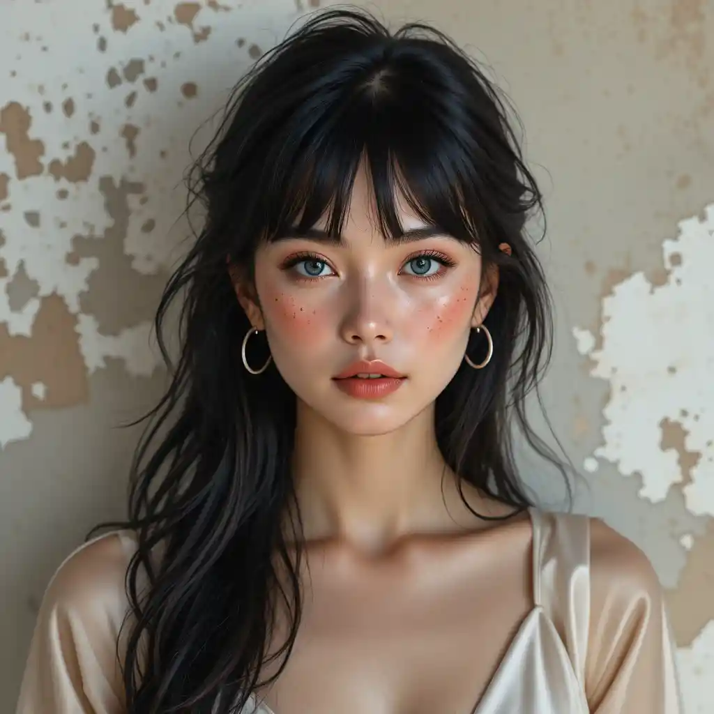 푸른 눈과 헝클어진 검은 머리를 한 젊은 여성의 초상