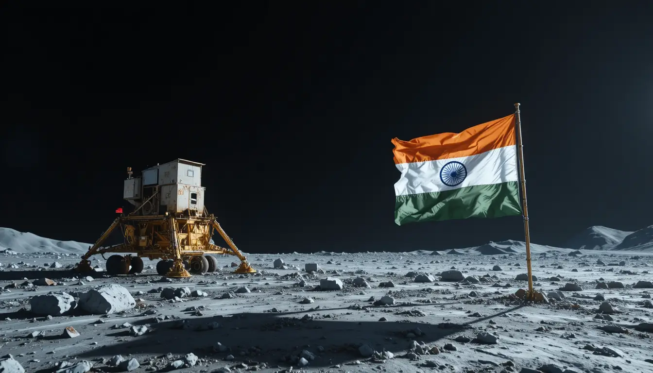 Cinematic view of moon south pole landing with flag