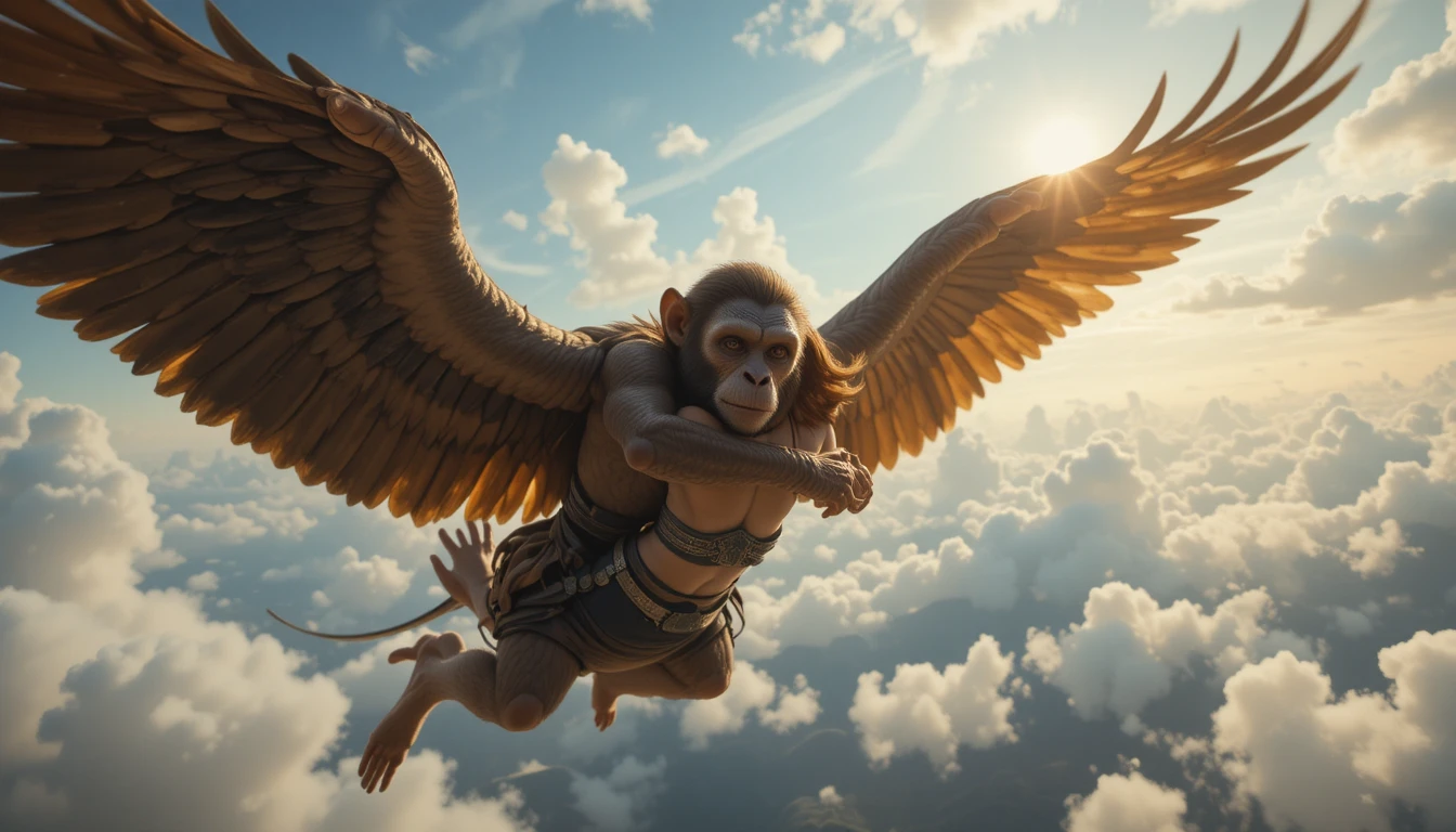 Romantisches Paar umarmt einen fliegenden Affen am Himmel