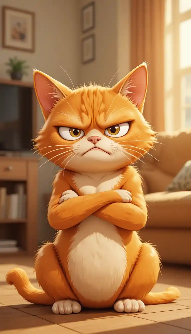 Grumpy orange cartoon cat sitting in a sunny living room