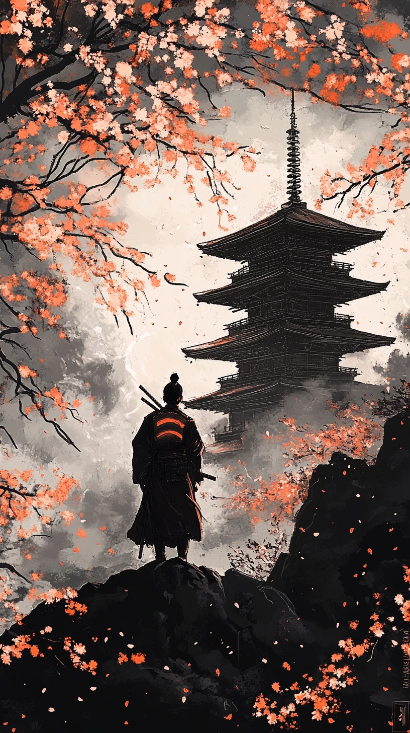 Solitario samurai che osserva una pagoda al tramonto tranquillo