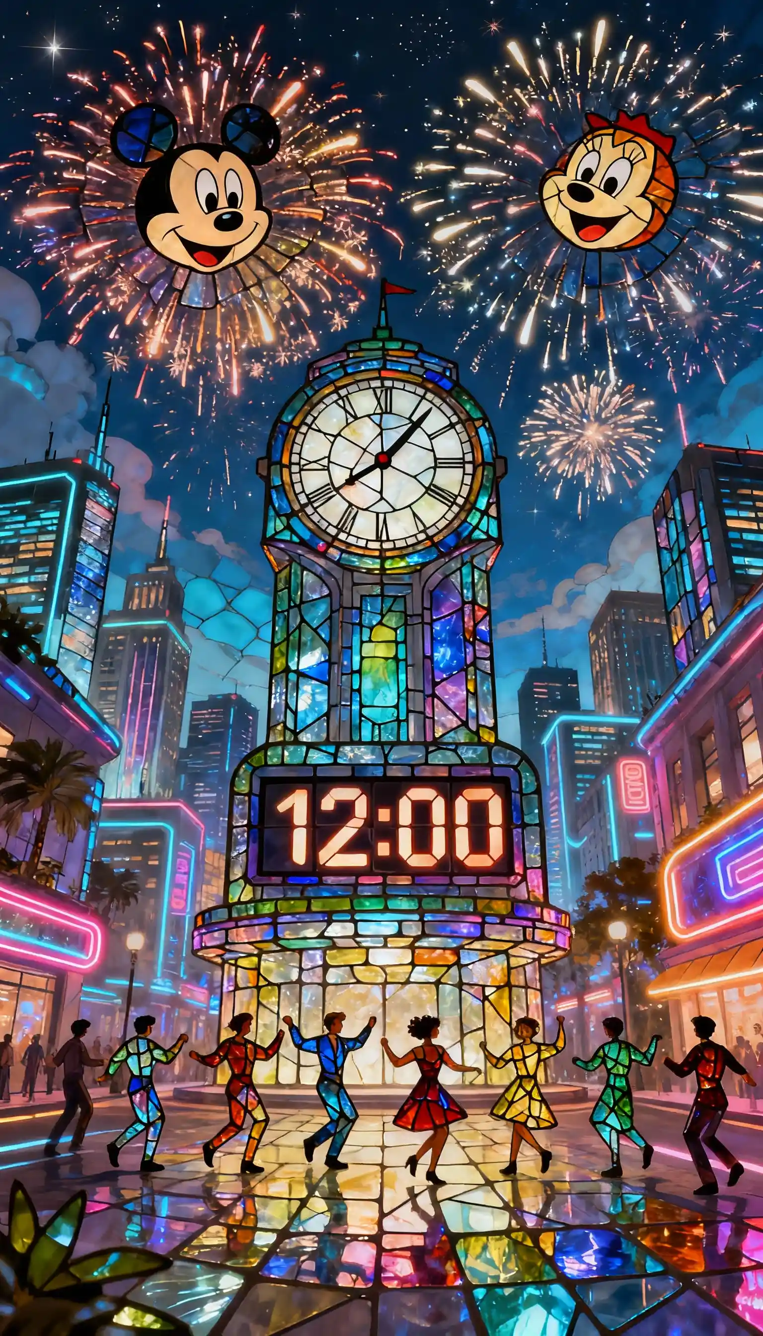 Skyline de ville futuriste avec horloge de compte à rebours en vitrail