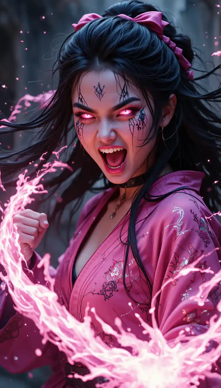 Chica demonio desatando una llama rosa luminosa en retrato de ataque