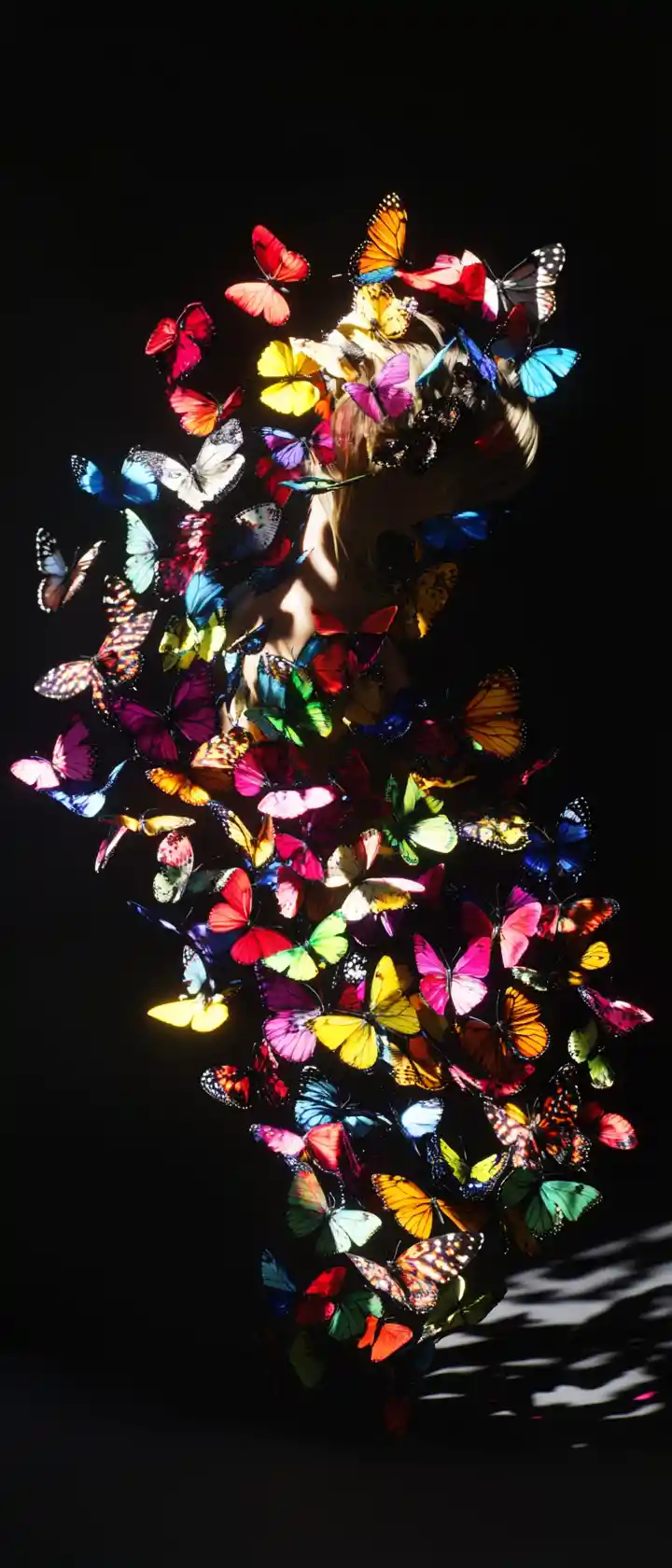 Vue de profil d’une femme formée de papillons tourbillonnants