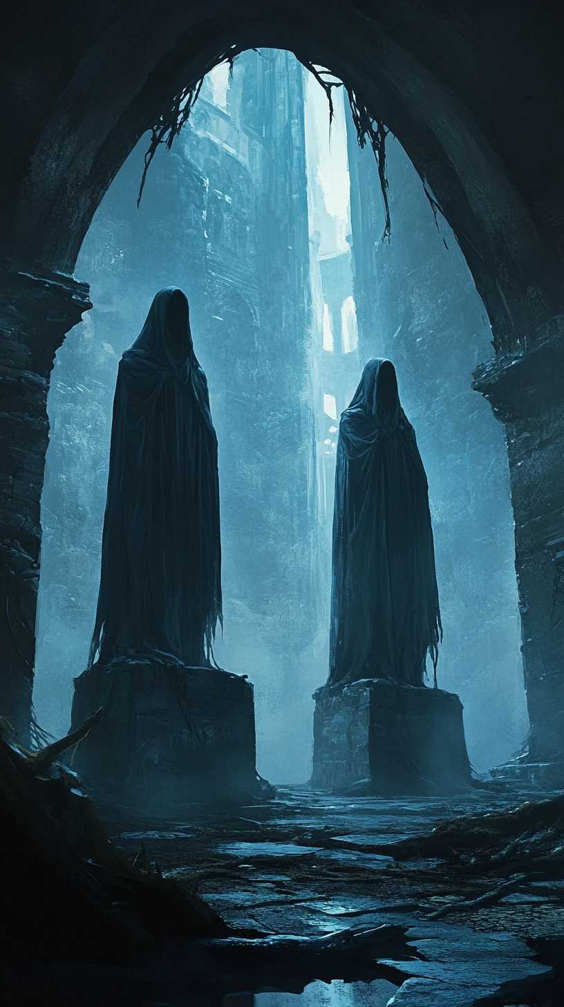 Low angle view of hooded statues beneath a vaulted roof