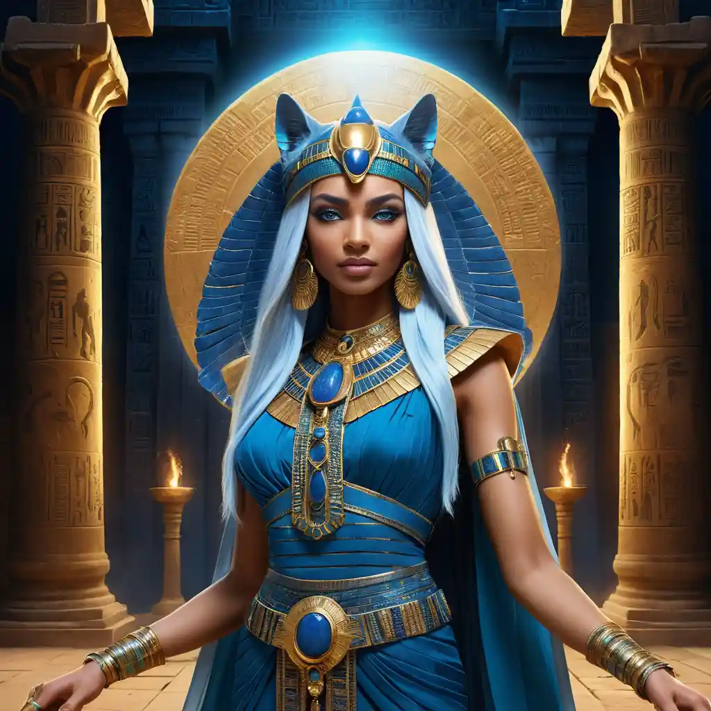 Mystical Egyptian queen guarding a moonlit temple