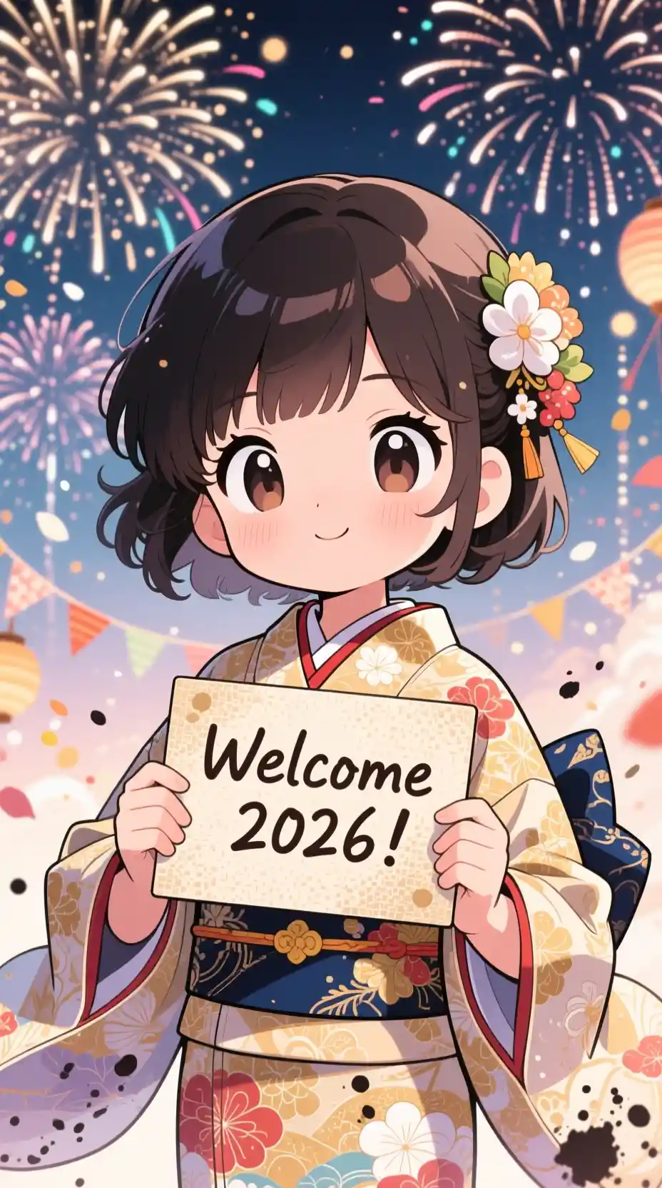 Chibi anime girl in kimono holding welcome 2026 card