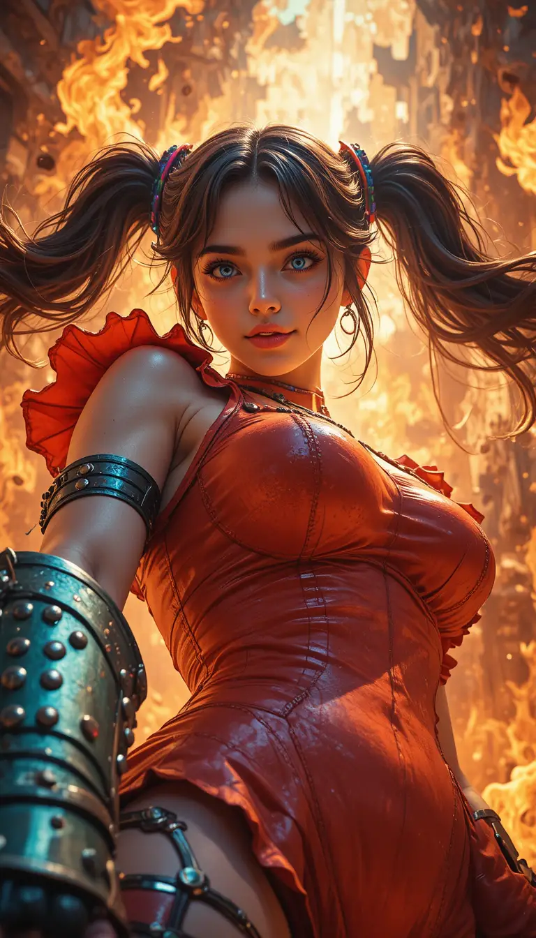 Giant anime warrior woman towering above fiery flames