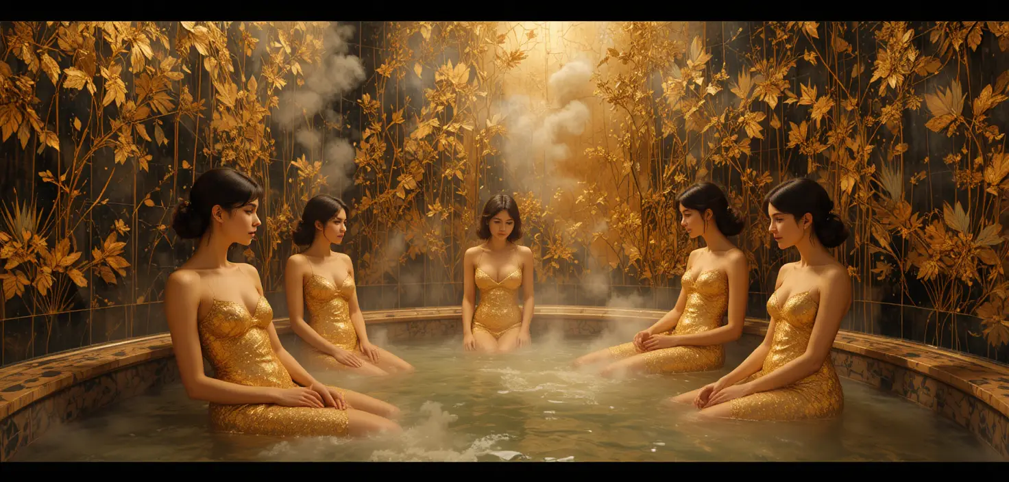 Ornate women in a golden hammam inspired by Klimt