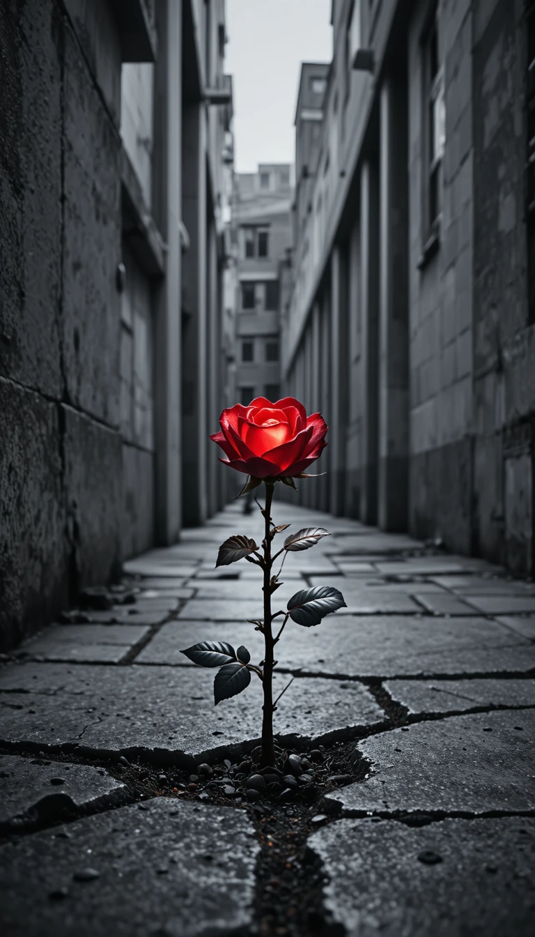 Glowing red rose emerging from cracked concrete sidewalk