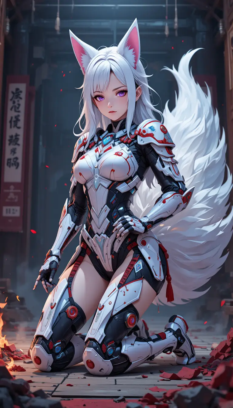 Fox eared cyborg valkyrie kneeling in a dark dojo